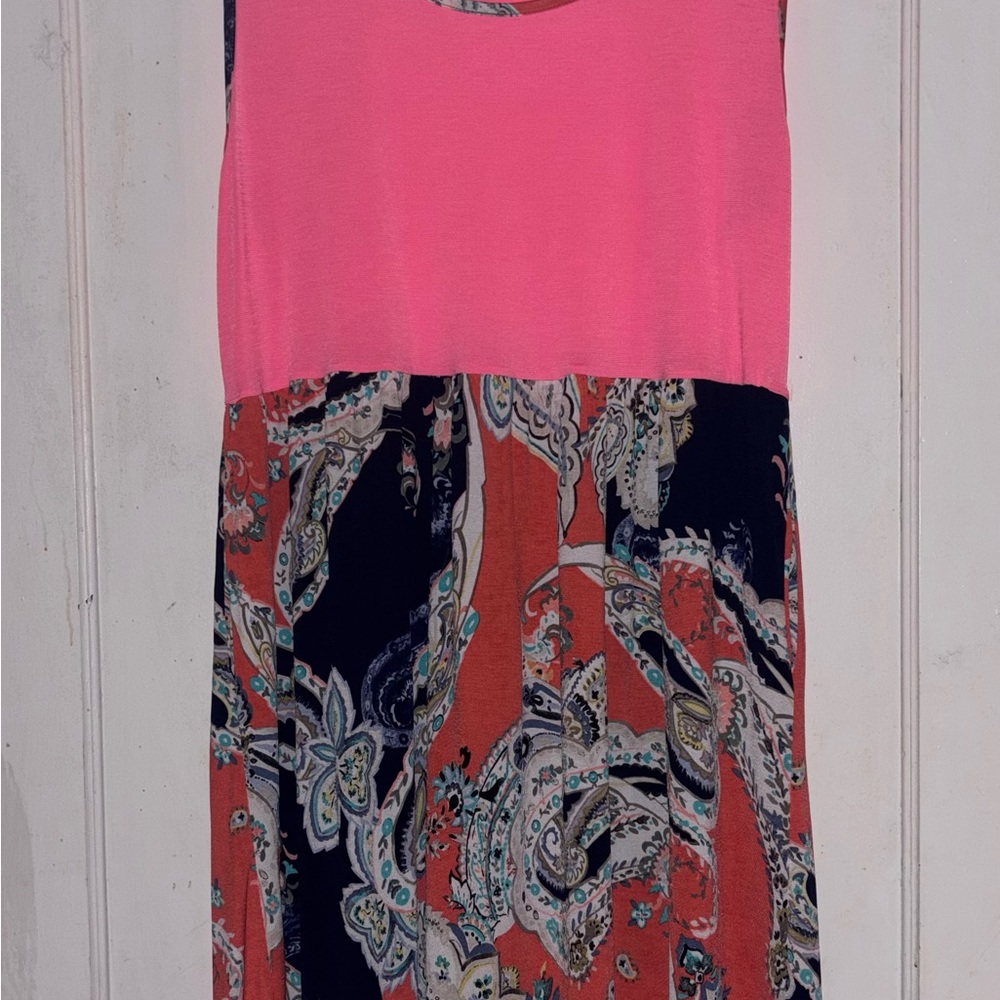 Bright Pink Bodice Maxi Dress with Paisley Print Skirt